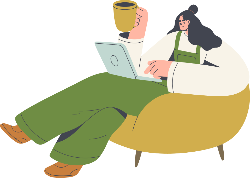 ソファでノートパソコンを開きコーヒーを飲む女性のイラスト